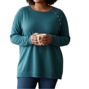My Style Teal Long Sleeve Lightweight Sweater  Grommet Detail Scoop-neck 1X